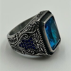 2033- Ocean Blue Cubic Zirconia Handmade Men's Ring Size 11 NWT